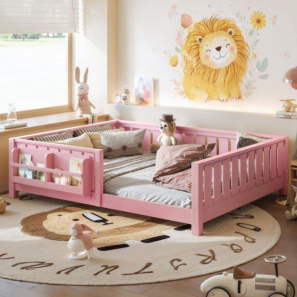 Pink Full Size Pine Wood Low Platform Bed with Safety Guardrails and Built-in Bookshelf price history on PriceWatchPro