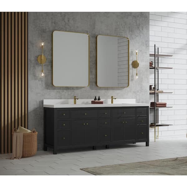 Lexora Sherman 84 in W x 22 in D Black Double Bath Vanity, Carrara Marble Top, Faucet Set, and 36 in Mirror