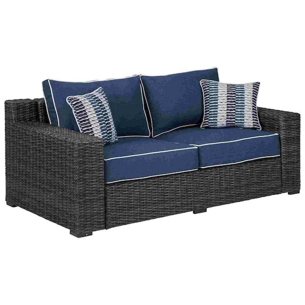 Benjara 70.5 in. Brown and Blue Solid Fabric 2-Seater Loveseat with Zipper Cushions