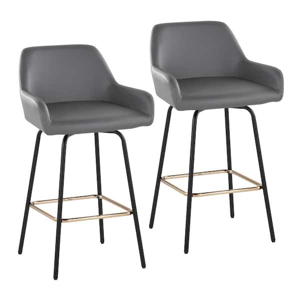 Daniella 35.25 in. Grey Faux Leather and Black Metal Fixed-Height Counter Stool with Square Footrest (Set of 2)