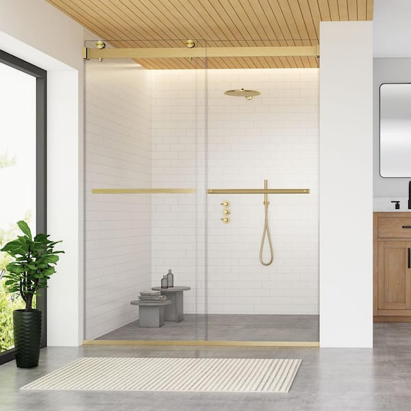 WELLFOR 60 in. W x 70 in. H Double Sliding Frameless Shower Door in Brushed Gold with 6 mm Clear Glass