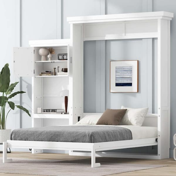 White Wood Frame Queen Murphy Bed with Multiple Storage Shelves and Louvered Style Decoration