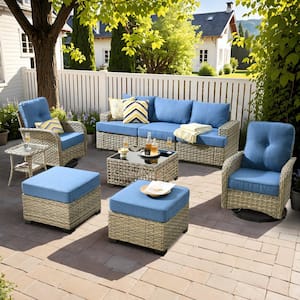 Torino Gray 9-Piece Modern Wicker Patio Conversation Deep Seating Set with Swivel Rocking Chairs and Blue Cushions