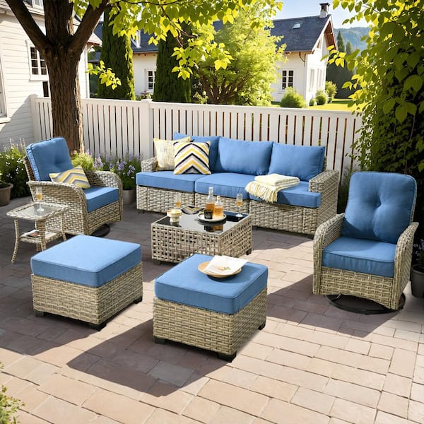 Toject Torino Gray 9-Piece Modern Wicker Patio Conversation Deep Seating Set with Swivel Rocking Chairs and Blue Cushions