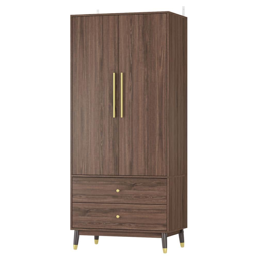 FUFU&GAGA Brown Armoire with 2-Drawers, Hanging Rod and Gold Metal Handles  (71.1 in. H x 19.1 in. W x 31.5 in. D) KF020243-02 - The Home Depot