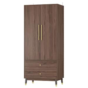 Brown Armoire with 2-Drawers, Hanging Rod and Gold Metal Handles (71.1 in. H x 19.1 in. W x 31.5 in. D)