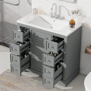 36 in. W x 18 in. D x 34.5 in. H Bathroom Vanity Cabinet in Gray with 6 Drawers, Single White Ceramic Sink Top