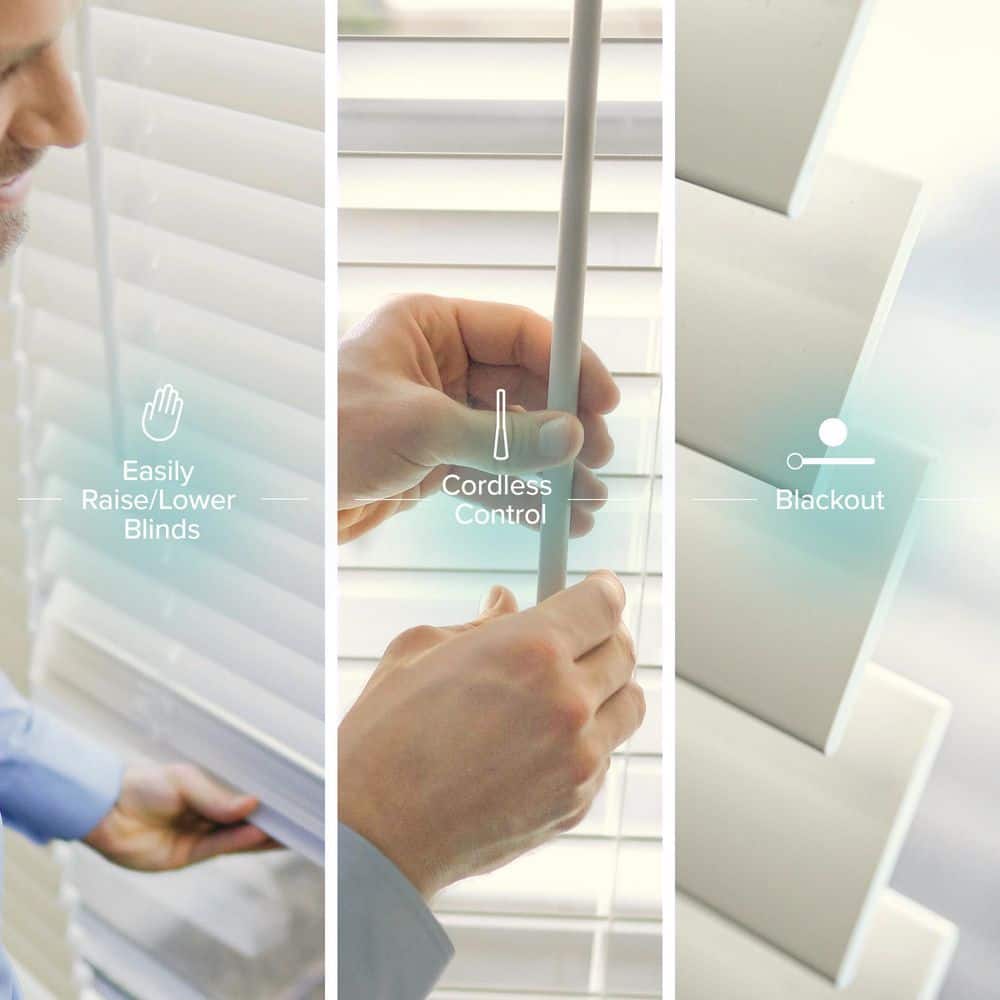 White Cordless Faux Wood Venetian Blinds, 66"W x 36"H