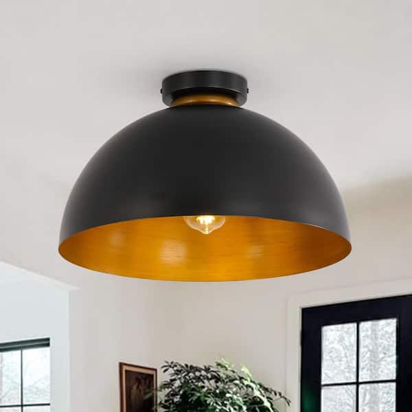 HUOKU Doma 1-Light 15.7 in. W Matte Black Semi-Flush Mount Industrial Farmhouse Barn Dome Ceiling Light for Kitchen