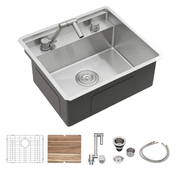 21 in. Undermount Single Bowl 16 Gauge Brushed Nickel Stainless Steel Kitchen Sink with Folding Faucet and Cutting Board