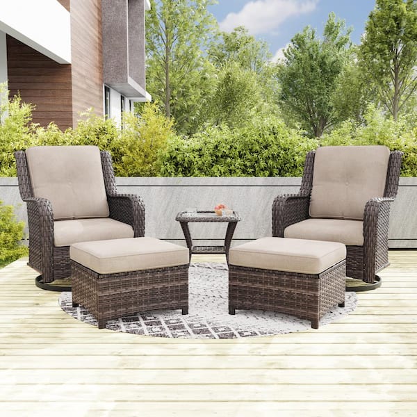 Gardenbee 5-Piece Wicker Outdoor Patio Conversation Set Swivel Rocking Chair Set with Beige Cushions