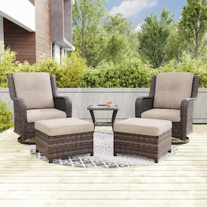5-Piece Wicker Outdoor Patio Conversation Set Swivel Rocking Chair Set with Beige Cushions