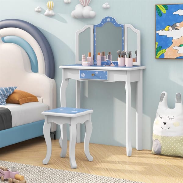 HONEY JOY 2-Piece Wood Top Blue Kids Vanity Table Set Princess Makeup Table with Stool and Removable Tri-Folding Mirror