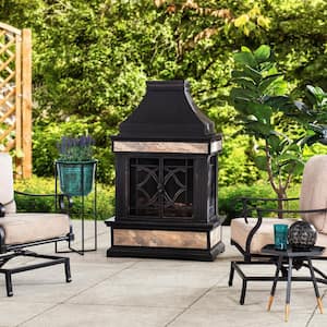 Curtis 56.69 in. Wood Burning Outdoor Fireplace with Black Highlights