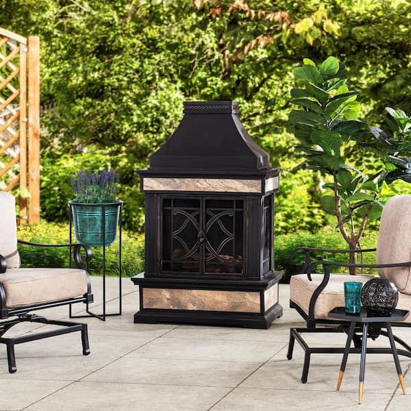 Sunjoy Curtis 56.69 in. Wood Burning Outdoor Fireplace with Black Highlights