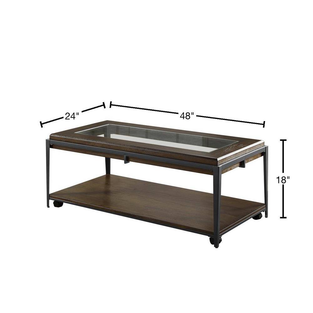 Espresso Rectangular Wood and Glass Cocktail Table with Iron Frame