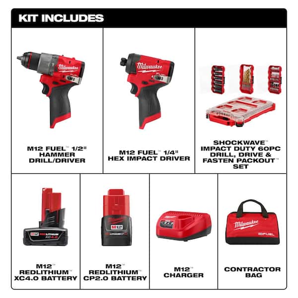 M12 FUEL 12-Volt Li-Ion Brushless Cordless Hammer Drill & Impact Driver Combo Kit w/2 Batteries, Bag & Bit Set (60-Pc)