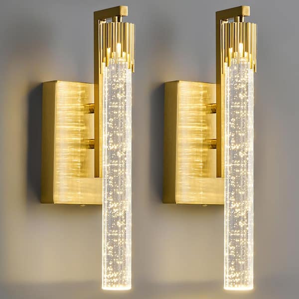 Home Lighting 4.33 in. 1-Light Gold Modern Integrated LED Wall Sconce with Bubble Crystal Stick Vanity Light, 2Pack