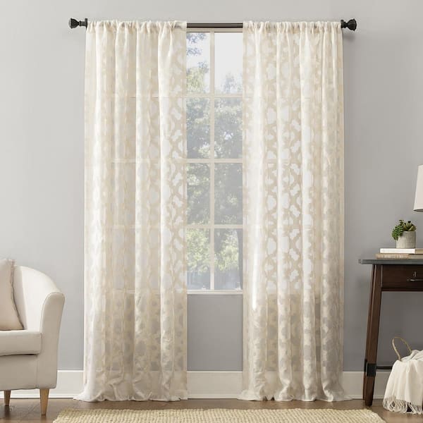 Sun Zero Yvette Trellis Jacquard Cream Polyester 52 in. W x 63 in. L Rod Pocket Sheer Curtain (Single Panel)