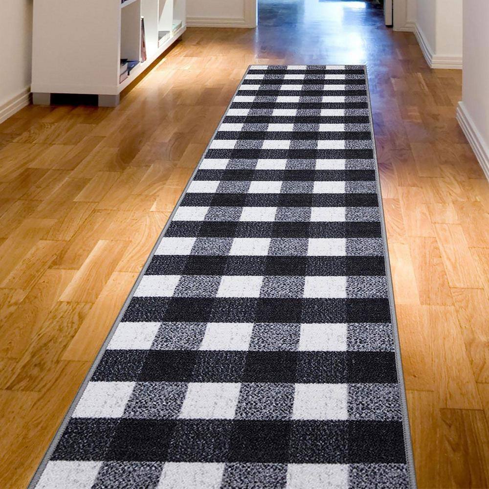 Black and White Checkered Synthetic Runner Rug 2'7" x 9'10"