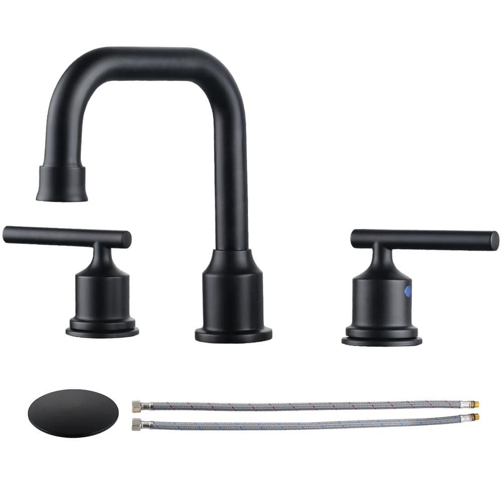 WOWOW 8 in. Widespread Double Handle Bathroom Faucet with Drain Kit in Matte Black