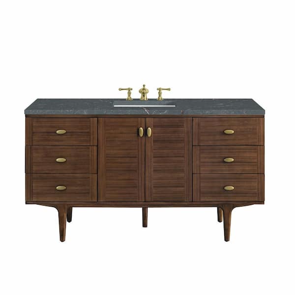 James Martin Vanities Amberly 60.0 in. W x 23.5 in. D x 34.7 in. H Single Bathroom Vanity Mid-Century Walnut and Parisien Bleu Top