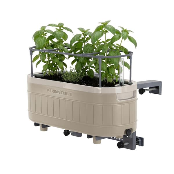 Garden Herb Plastic Planter with Trellis and Adjustable Bracket, Self-Watering System with Water Level Indicator, Taupe
