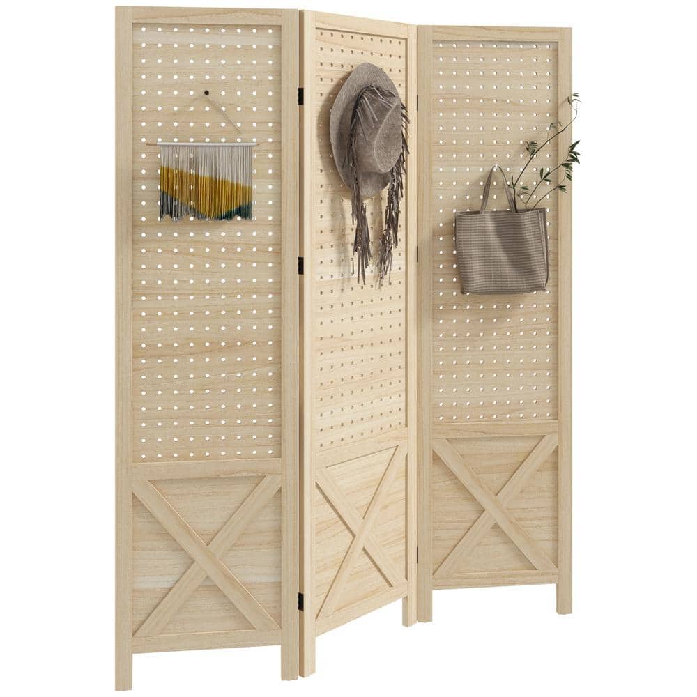 4.7 ft. Natural Wood Folding Outdoor Privacy Screen, 3 Panel Pegboard Displ