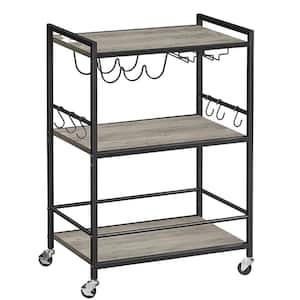 3-Tier Greige Metal Serving Cart with Wood Shelf, Hooks, Wine Rack and Glass Holder