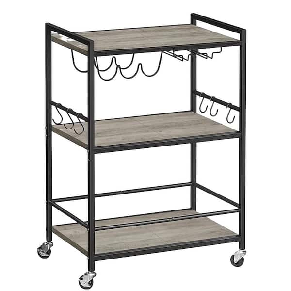 Angel Sar 3-Tier Greige Metal Serving Cart with Wood Shelf, Hooks, Wine Rack and Glass Holder