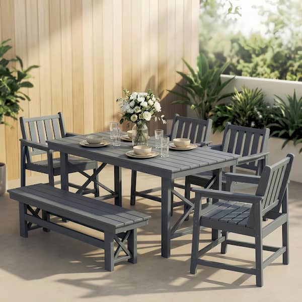 Gray 6-Piece HDPE Plastic Patio Outdoor Dining Set with 1-Bench, 4-Arm Chairs and Rectangular Table