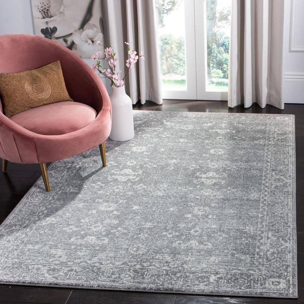 Grey and Ivory High Pile Synthetic Rectangular Rug 4' x 6'