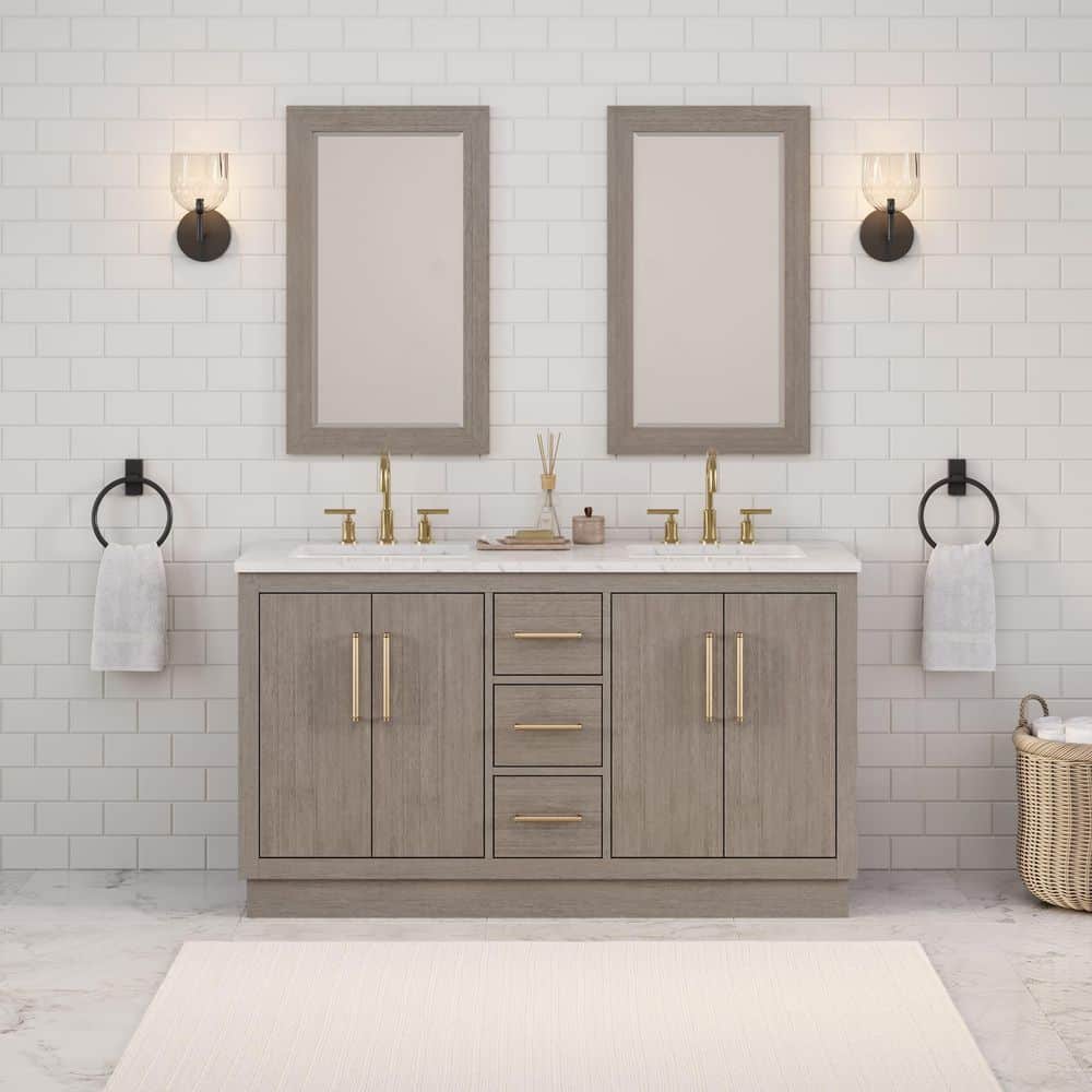 Hugo 60'' Grey Oak Double Sink Vanity with Satin Gold Hardware