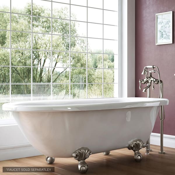 PELHAM & WHITE Highview 54 in. Acrylic Clawfoot Bathtub in White, Ball-and-Claw Feet, Drain in Brushed Nickel