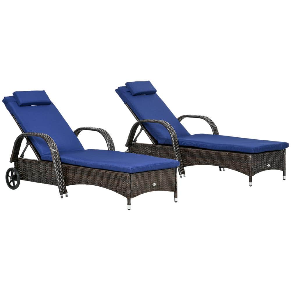 Brown Wicker Outdoor Chaise Lounge with Dark Blue Cushions