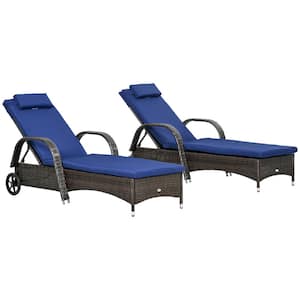 Brown Wicker Outdoor Chaise Lounge with Dark Blue Cushions