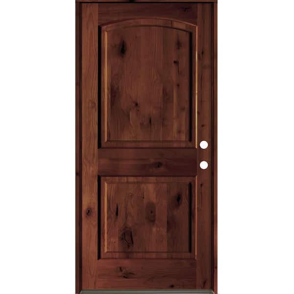 42 in. x 80 in. Rustic Knotty Alder 2-Panel Arch Top Left-Hand/Inswing BEHR Red Mahogany Stain Wood Prehung Front Door