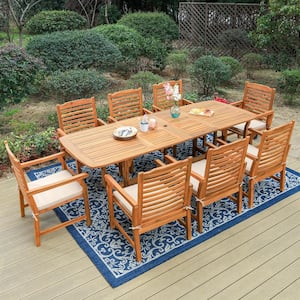 Brown 9-Piece Wood Patio Outdoor Dining Set With Extendable Table and Wood Chairs With Beige Cushion