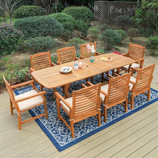 PHI VILLA Brown 9-Piece Wood Patio Outdoor Dining Set With Extendable Table and Wood Chairs With Beige Cushion