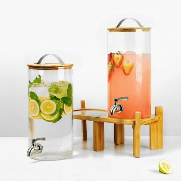 2-Pack 1.5 Gallon Glass Beverage Serveware with Wood Stand Stainless Spigot Wood Lid Leakproof Drink