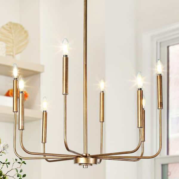LNC Modern Vintage Gold Chandelier 8-Light 27 in. Candlestick Farmhouse Dining Room Chandelier with Minimalist Linear Arms