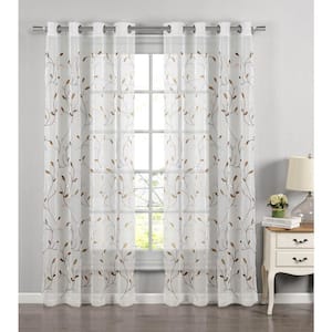 Wavy Leaves Brown Polyester Faux Linen 54 in. W x 63 in. L Embroidered Grommet Sheer Curtain (Single Panel)