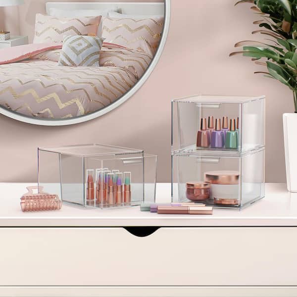 Clear 7.4 in. x 4.4 in. Plastic Decorative Box Set of 3, Stackable Acrylic Organizer for Vanity, Bathroom, Cabinets