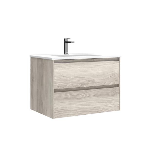 WS Bath Collections Perla 28 in. W x 18.1 in. D x 19.5 in. H Single Sink Wall Mounted Bath Vanity in Grey Pine with White Ceramic Top