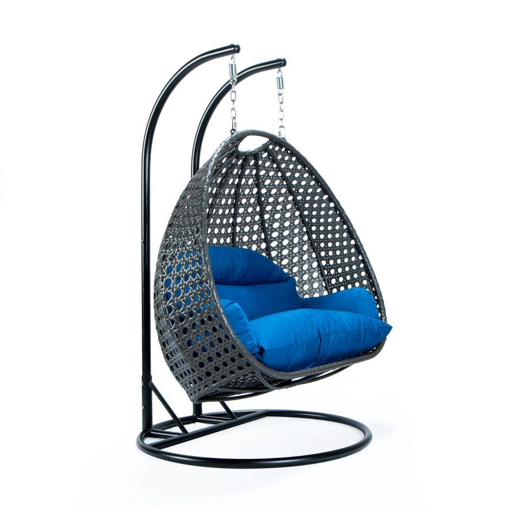 Charcoal Wicker Hanging Egg Chair with Blue Cushions