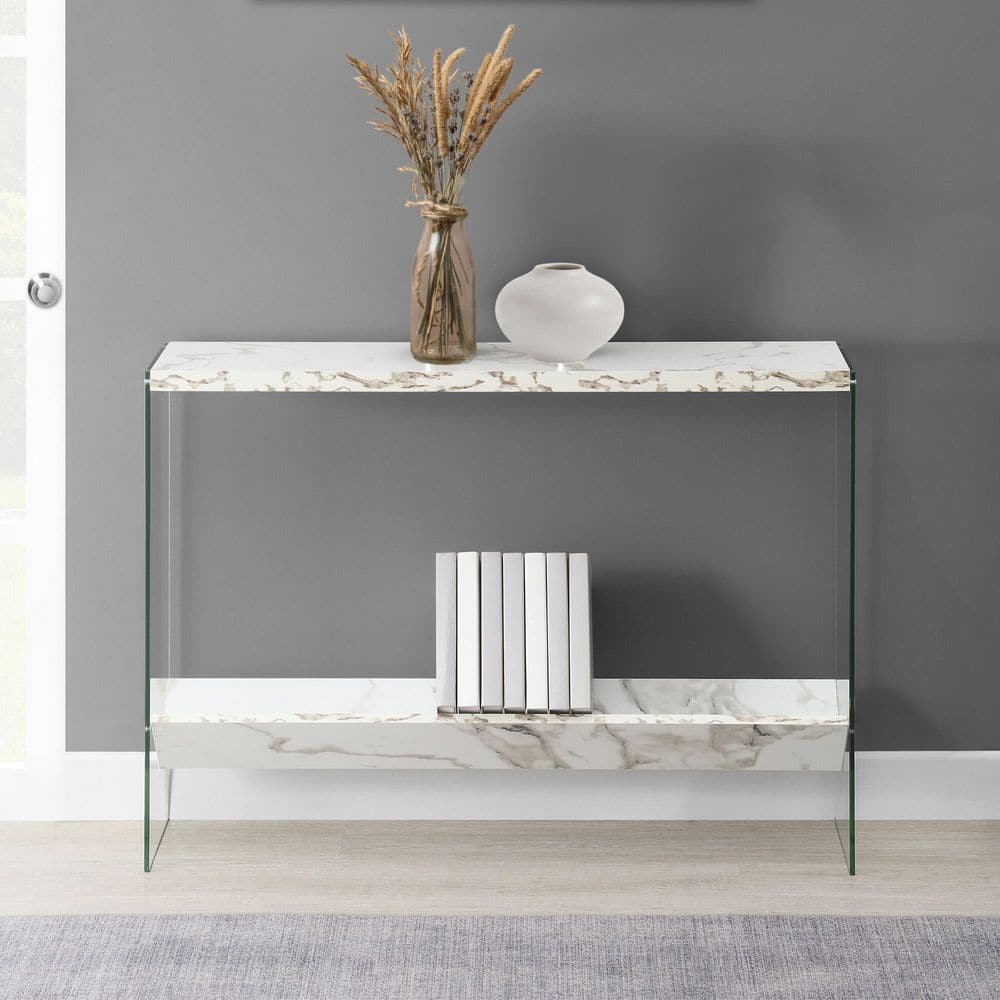 White Faux Marble and Glass Console Table with Storage Shelf