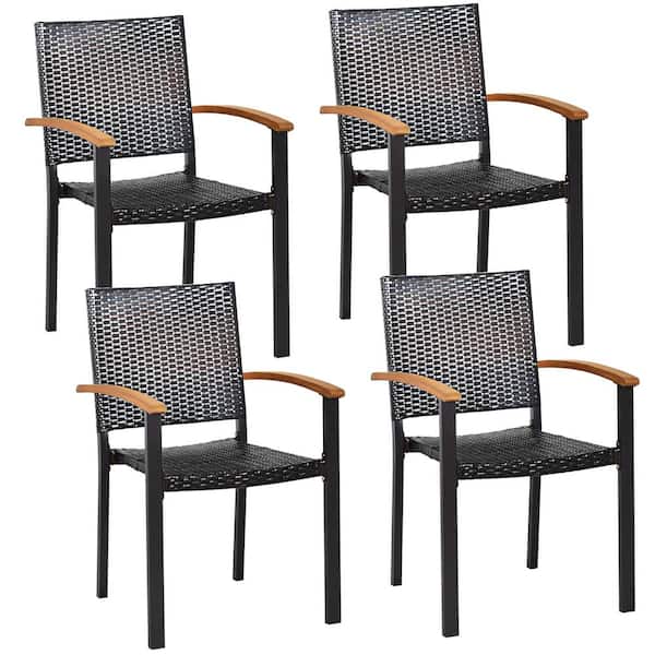 Costway Patio Black Wicker Dining Chairs Armrest (Set of 4)