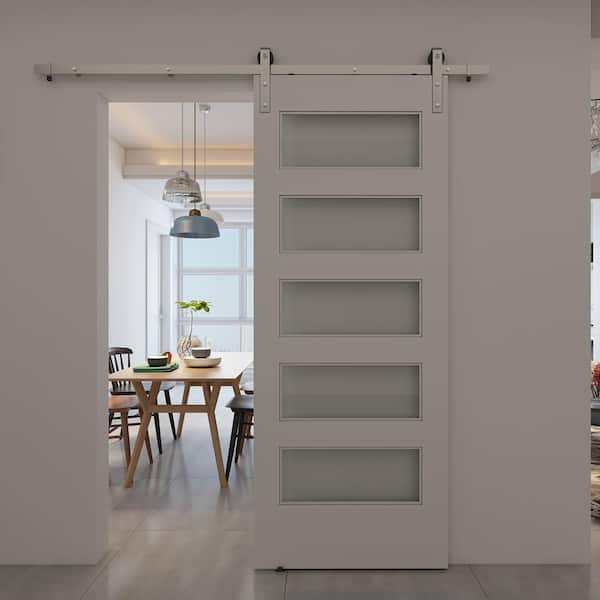 33 in. x 84 in. Unfinished Clear Pine 5-Lite Frosted Interior Barn Door Slab 33 in. x 84 in. Unfinished Clear Pine 5-Lite Frosted Interior Barn Door Slab