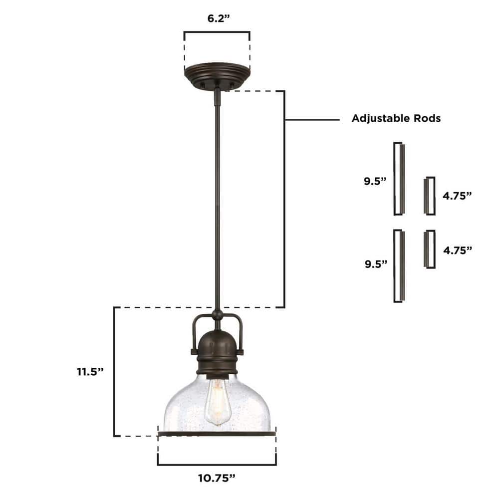 Vintage Black-Bronze Pendant Light with Clear Seeded Glass Shade