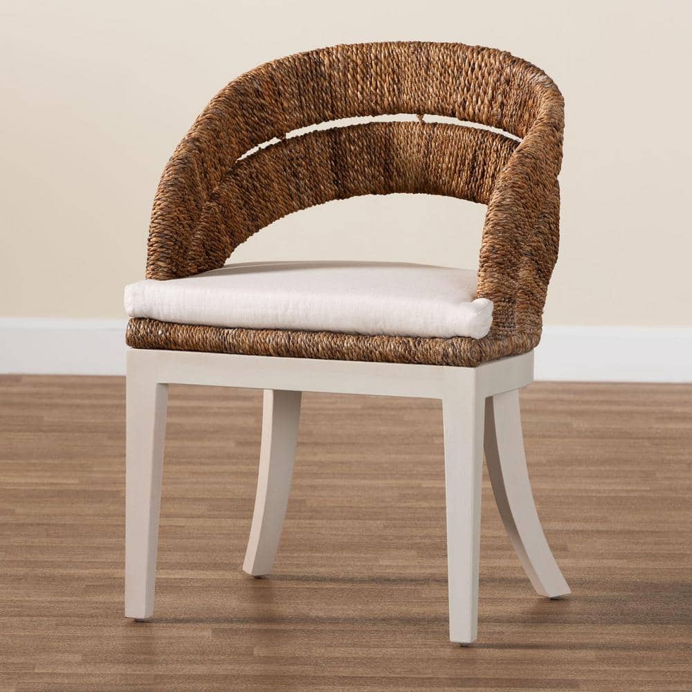 Natural Seagrass and Mahogany Bohemian Arm Chair with White Cushion